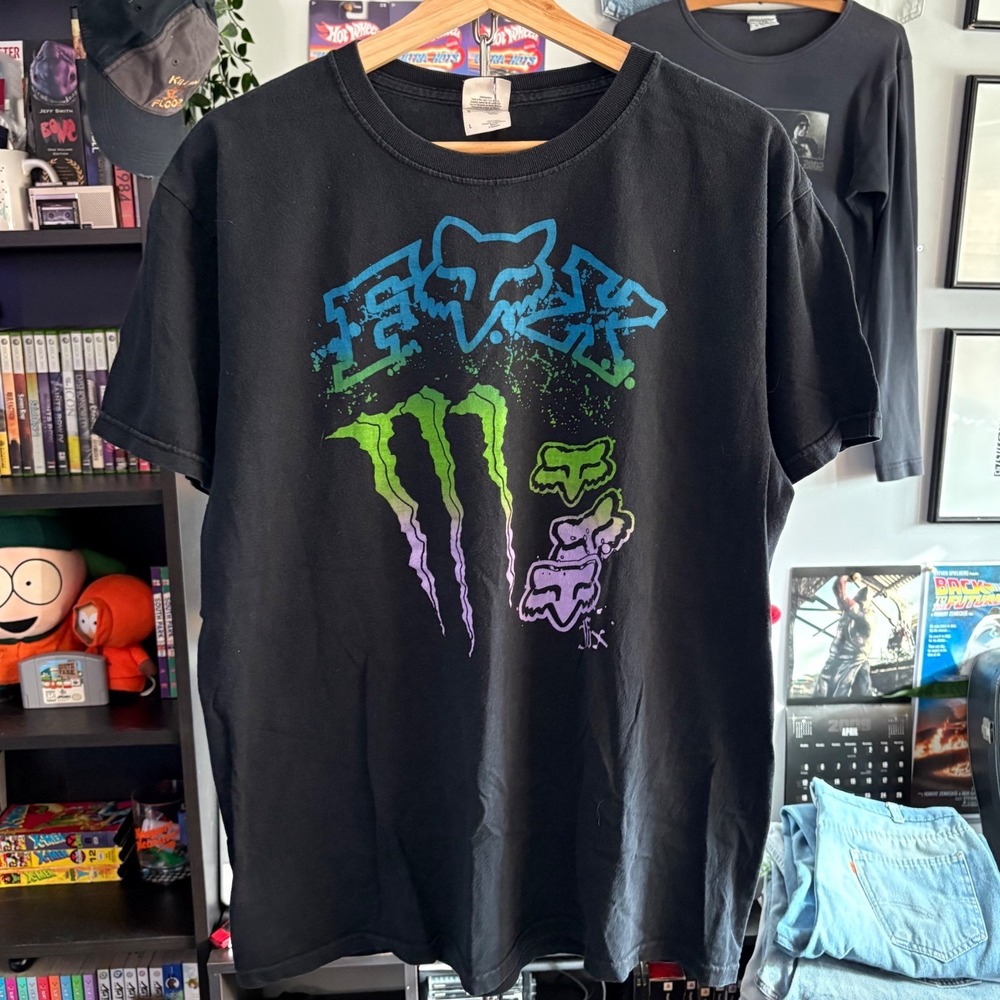 00s/Y2K Fox Racing x Monster Energy Mens Black Graphic T-Shirt L Neon Logo Tee